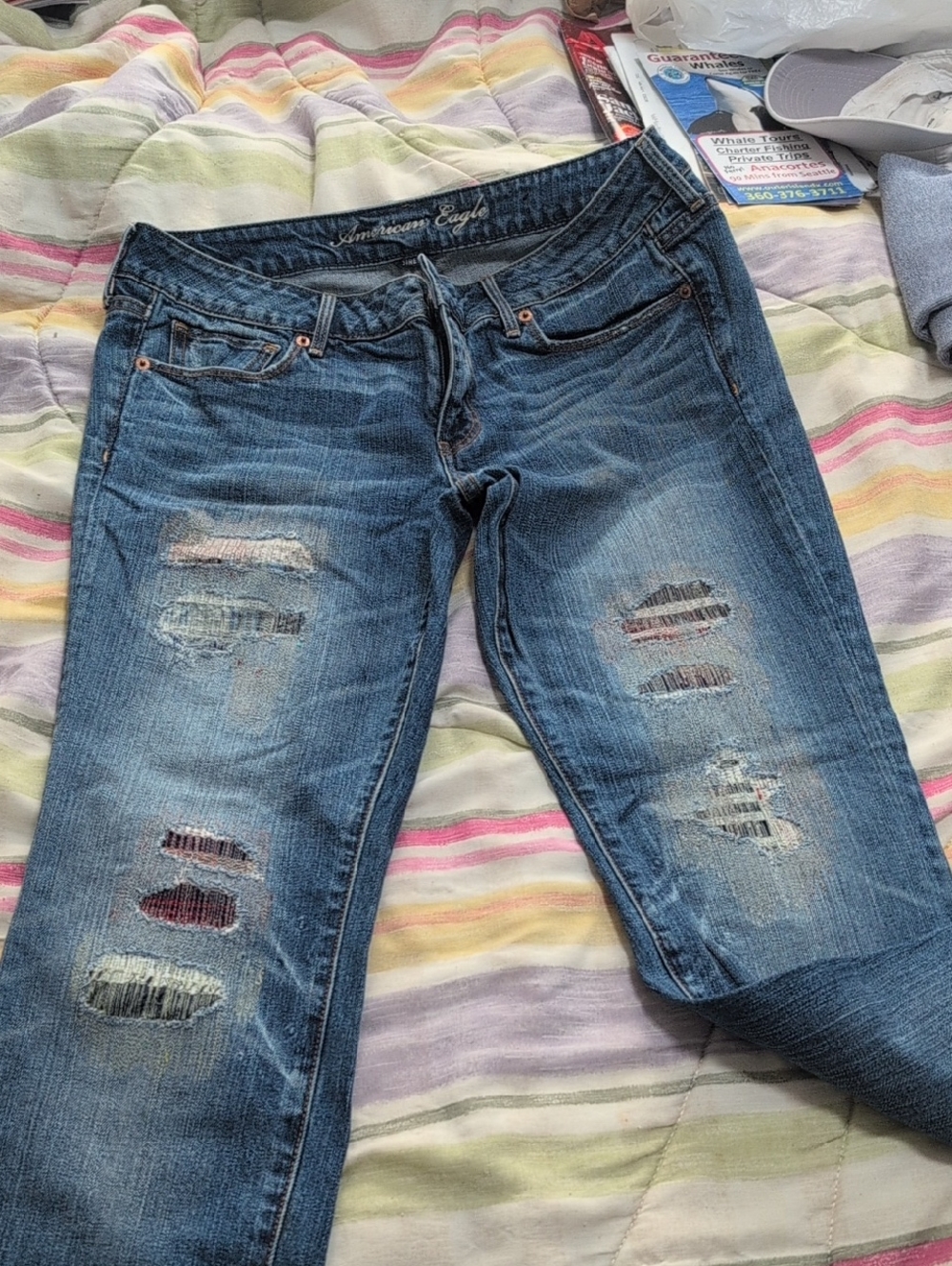 American Eagle Outfitters Distressed Blue Skinny Jeans with Patch Details